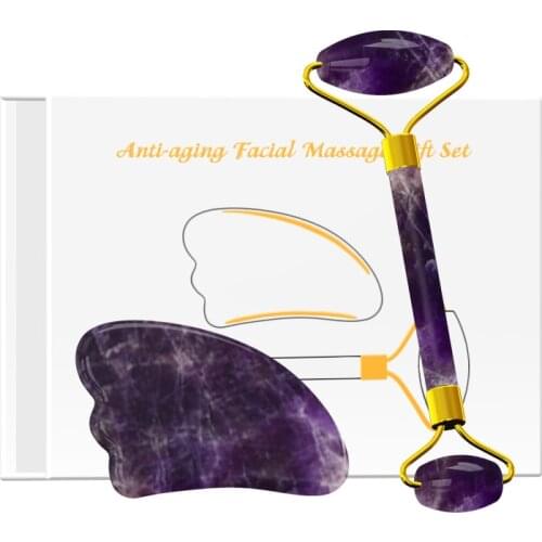 Natural Amethyst Jade Roller Gouache Scraper Purple Crystal Face Massager Jade Roller GuaSha Scraping Facial Massage with Box
