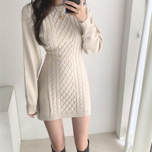 2020 Autumn New Sweater Dress Women Fashion Hollow Out Waist Knitted Dress Woman One-Piece Winter High Elastic Twist Mini Dress