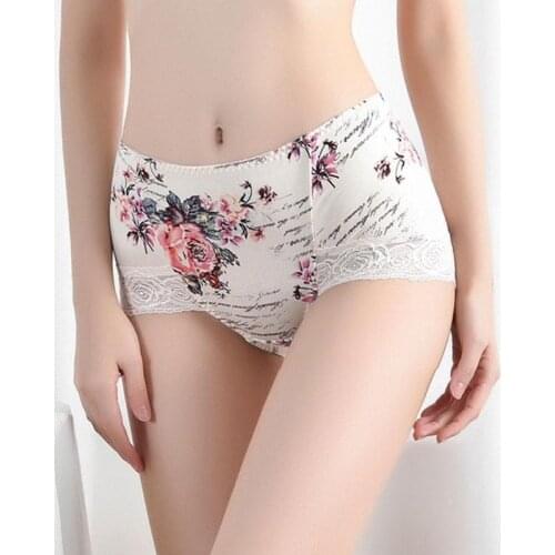 New Sexy Ice Silk Lace Cotton Flowers Printing Underpants Low-waist Underwears Hip-lift boxer briefs Womens Briefs