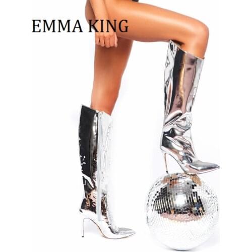 Sexy Metallic Silver Leather Womens Boots Zipper Pointed Toe Stiletto Heel Knee High Winter Boots Nightclub Party Shiny Boots