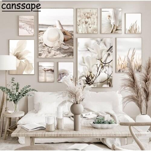 Plant Posters Blooming Flower Prints Beach Sand Art Painting Fashion Girl Canvas Print Nordic Wall Picture For Living Room Decor