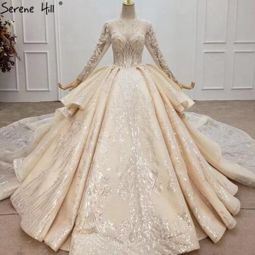 Champagne V-Neck Long Sleeves Luxury Wedding Dresses 2021 Dubai Sequins Beading Bride Dress HX0145 Custom Made
