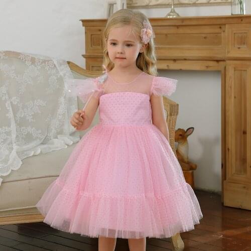 Little Princess Pink Girl Dress Tutu Fluffy Polka Dots Baby Girl Flower Wedding Gown Children Kids Dresses for Girls Party Wear