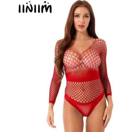 Sexy Womens Lingerie See Through Bodysuit Erotic Sexy Fishnet Teddies Costume Ladies Hollow Out Long Sleeve Leotard Nightwear