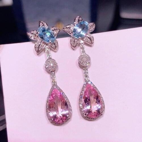 H1007 Fine Jewelry Real Pure 18 K Gold AU750 Blue Aquamarine and Morganite 4.01ct Drop Earrings for Women Fine Earrings