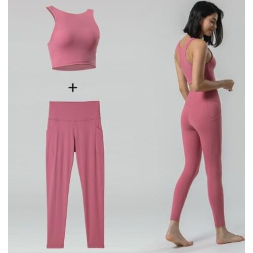 Bare Second Skin Feel 2Piece Yoga Pocket Sport Suits Women Padded Racerback Fitness Workout Bras Squat Proof Leggings Sets