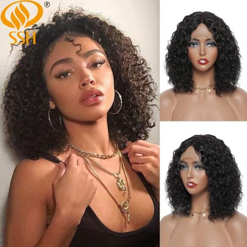 SSH Lace Part 150% Density Brazilian Remy Short Bob Curly Human Hair Wigs For Black Women Side Part Pre Plucked Hairline