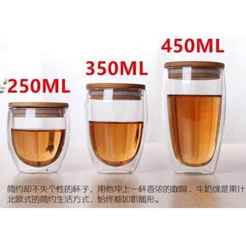 Free shipping double walled glass bamboo lid cup, heat resistant glass bamboo cover beer steins cups