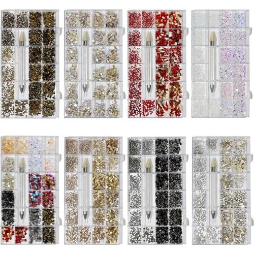 Swarovsky Mix Irregular AB Glass Crystal Diamond 21Grids SS4-SS20 Flatback Nail Art Rhinestone Set With 1 Pick Up Pen