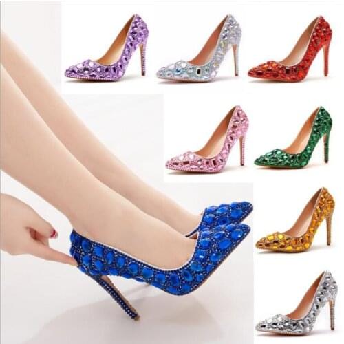 Luxury Crystal Women Wedding Shoes Heels For Evening Party Glittering Pointed Toe Custom Silver Rhinestone Pumps