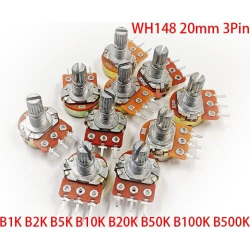 10pcs WH148 20mm Shaft Amplifier Dual Stereo Potentiometer B1K B2K B5K B10K B20K B50K B100K B500K 3Pin 1K 2K 5K 10K 50K 100K