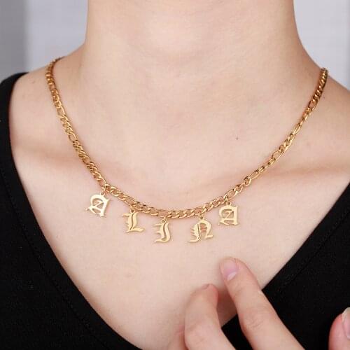 Old English Custom name Necklace Custom Capital Letter Pendant Necklace Vintage Jewelry Personalized Thick chain Choker Women