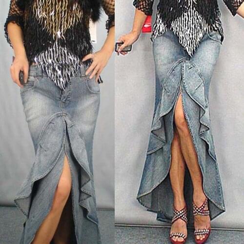 Summer Spring Casual European Style Women Ruffle Mermaid Denim Skirt , Fall Female Woman Designer Irregular Trumpet Jeans Skirts