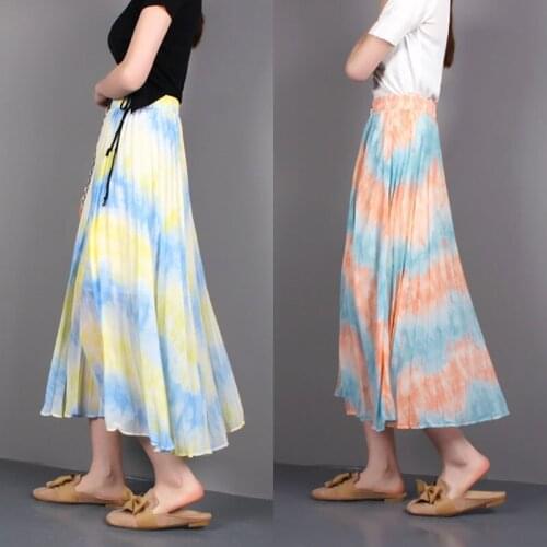Women Fashion Pleated Skirt Ladies Rainbow Mid-Calf Empire Striped Casual Chiffon Midi Skirt