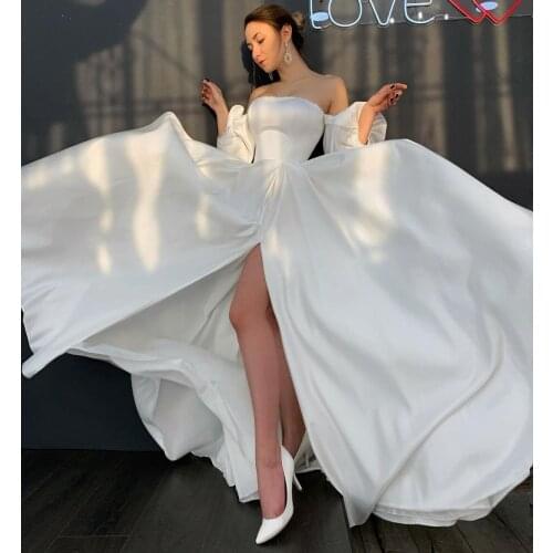 Satin Wedding Dress Split 2021 Long Puff Sleeve Charming Robe De Mariee Elegant Charming For Women Brides Gorgeous Bridal Gown