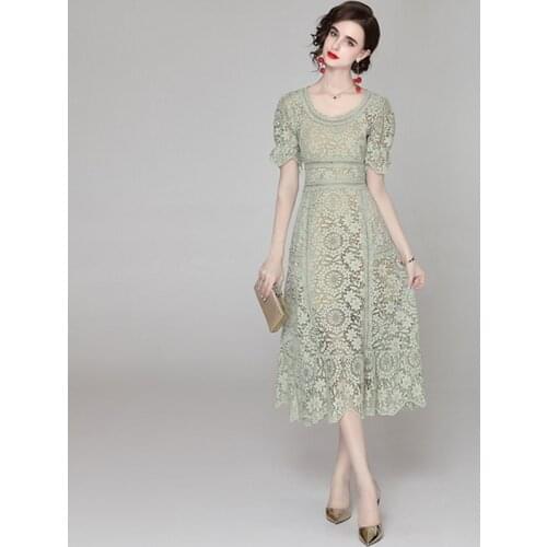 ZAWFL New Summer Vintage Dress Woman Lace Puff Sleeve O-neck Bodycon Dress Female High Waist Elegant Party Runway Dresses