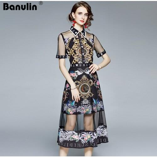 Banulin Summer Fashion Runway Dress Women Short Sleeve Mesh Patchwork Elegant Black Vintage Floral Print Mid Calf Dresses