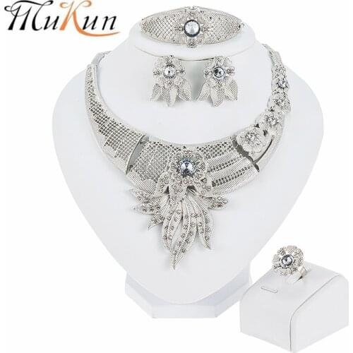 Fashion Women Silver Plated Jewelry Set Dubai Bridal Wedding Necklace Earrings Ring Braceket Jewelry Women Nigeria Jewelry Sets