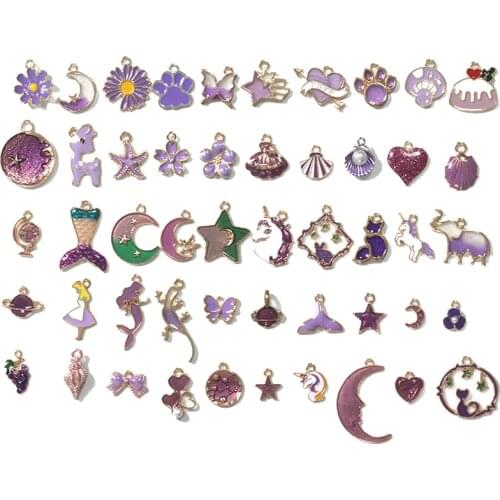 10/30/50pcs random Mixing Enamel purple Charm Starfish leaves shells Heart month Star Pendant For Unisex DIY Jewelry Making Gift