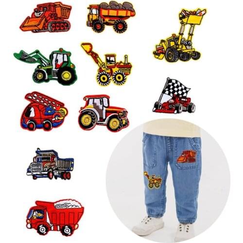 DIY Engineering Vehicle Excavator Embroidery Fabric Clothes Patches Hot Melt Back Adhesive for Kids Shirts Pants Bag Repair