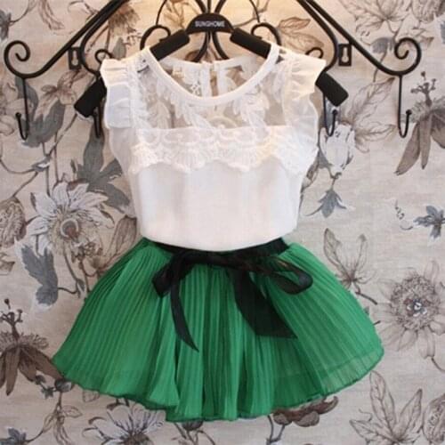 2020 Summer Baby Toddler Kids Girl Clothes Girls Clothing Sets Chiffon Lace Sleeveless Blouse Tops+Pleated Bow Skirt 2Pc JW1303A