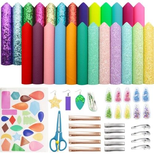 25 Pieces Faux Leather Fabric Sheets with Metal Hair Clips,Earring Cut Molds Stickers,Transparent Leather Accessories