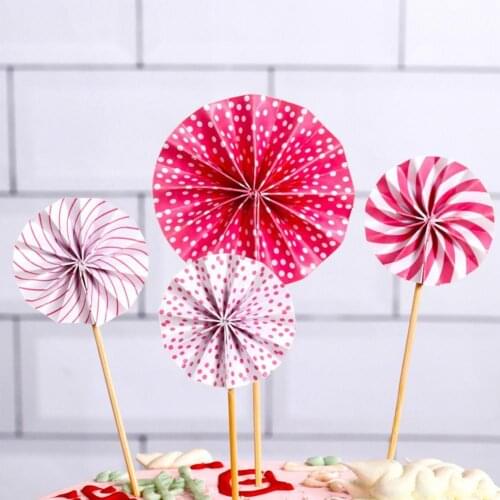 4Pcs/Set Cake Insert Card Reusable Smooth Round Wedding Birthday Paper Fan Topper for Festival Cake Insert Card