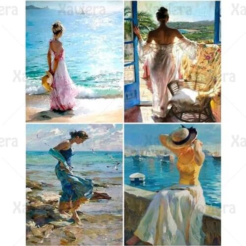 5D Diamond Painting Seaside Sexy Elegant Woman Diamond Embroidery Girl Portrait Full Square Round Diamond Cross Stitch Kit Mural