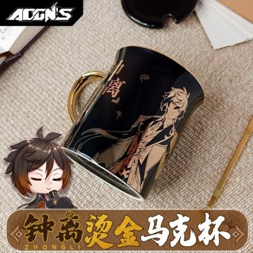 Anime Genshin Impact Zhongli Ceramic Mug Cup Student Coffee Water Cup Gold Stamping Men Women Spoon + Cup lid + Cup Xmas Gift
