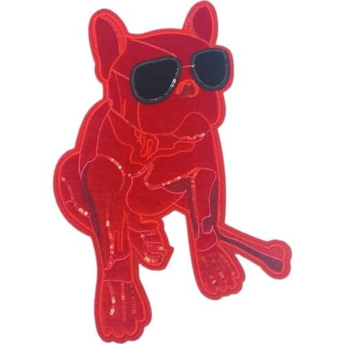 Sequins Applique Red Bulldog with Sunglassed Sew On Patch DIY Embroidered Applique Bling for Decoratio Clothing Accessory s
