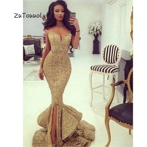 Glitter Gold Mermaid Prom Dress With Slits Ruffles Elegant Spaghetti Straps Fishtail Long Party Dresses For Gratuating Date 2019