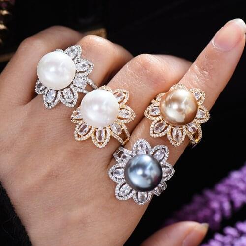 GODKI HOT Trendy Pearl Statement Rings for Women Wedding Cubic Zirconia Cocktail Finger Rings Bohemian Beach Jewelry GIFT