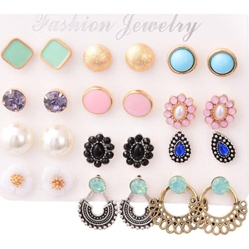 12 Pairs Golden Earrings Glass Rhinestone Set for Women Jewel