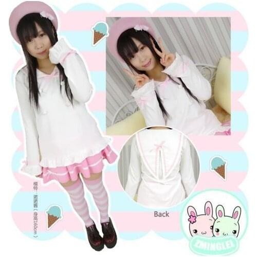 NONORI Self-design Cute Girl Color Light Pink Blouse Tops+SKIRT 2Pieces Set Sailor Lolita Suit Dolly Cosplay