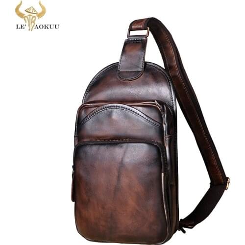 Le'aokuu Men Top Quality Leather Casual Vintage Fashion Coffee Chest Sling Bag Design One Shoulder Cross-body Bag For Male 9977