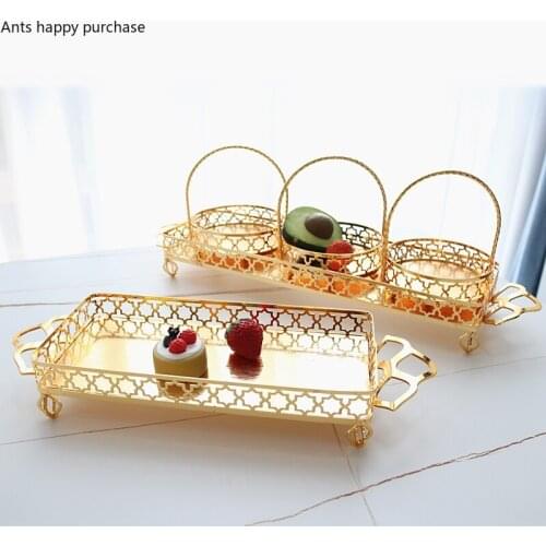 Golden Rectangle Metal Tray Decorative Plate Flower Basket Fruit Plate Snack Dessert Plates Cake Pan Storage Tray Jewelry Trays