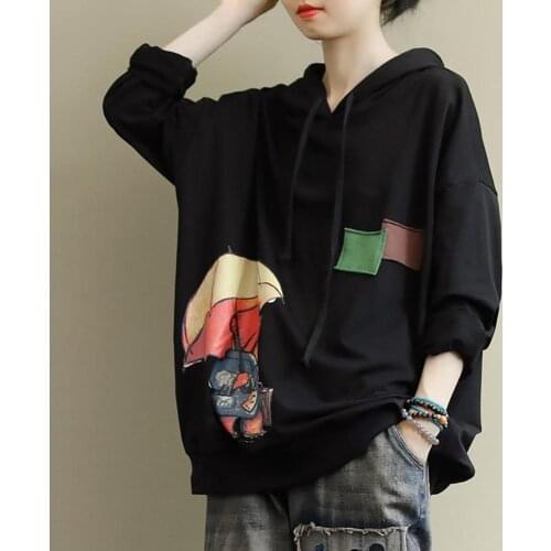 Plus Size Girls Long Sleeve Hooded Autumn Spring Loose Print Fashion Sweatshirt Womens Clothing 2021