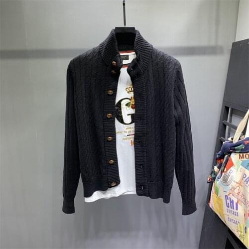 2021 Spring Autumn Solid Color Casual Cardigan Sweater Men Fashion Knitted Jackets Coat High Collar Warm Thick Pull Homme E137