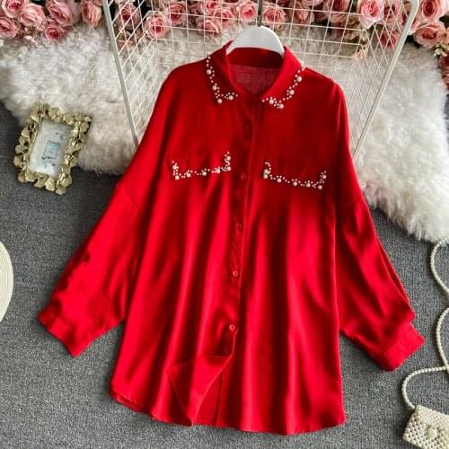 2021 Spring New Solid Color Blouse Female Temperament Casual Beaded Lapel Blusa Loose Mid-length Shirt C658