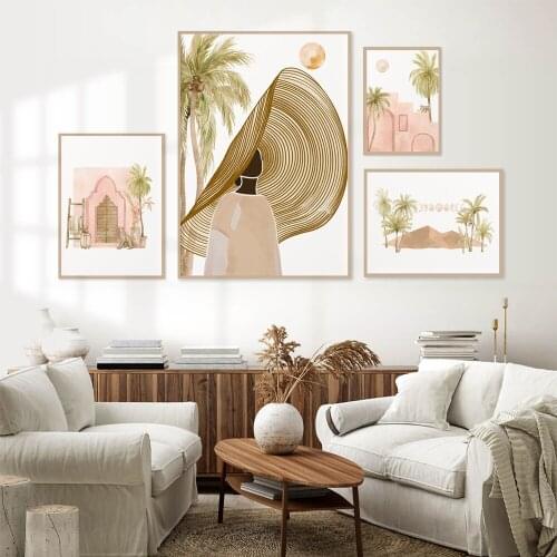 Moroccan Desert Poster Canvas Painting Woman Boho Wall Art Picture,Modern Abstract Minimalist Earth Tone Watercolour Palms Decor