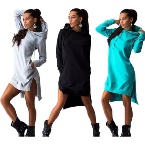 Casual Solid Pockets Cotton Loose Autumn Dress Womens Hooded Long Sleeve Bodycon Female Dresses