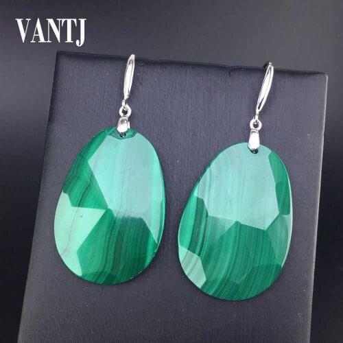 VANTJ Natural Malachite Earrings Sterling 925 Silver Big Stonte Water Drop Crystal Fine Jewelry For Woman Lady Man Party Gift