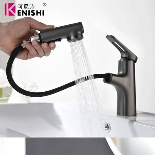KENISHI Gun grey pull faucet copper rose gold basin faucet pull faucet wash basin faucet turn faucet cold and hot water