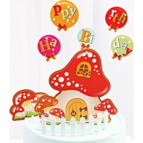 Fairy Tale World Theme Small Mushroom House Balloon Happy Birthday Cake Topper Kids Favors Cake Decoration Party Supplies