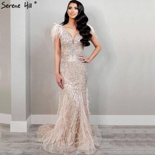 Serene Hill Champagne Luxury Beaded Evening Gown 2021 Sexy V-Neck Sleeveless Feathers Mermaid Stretchy Party Dress CLA70350