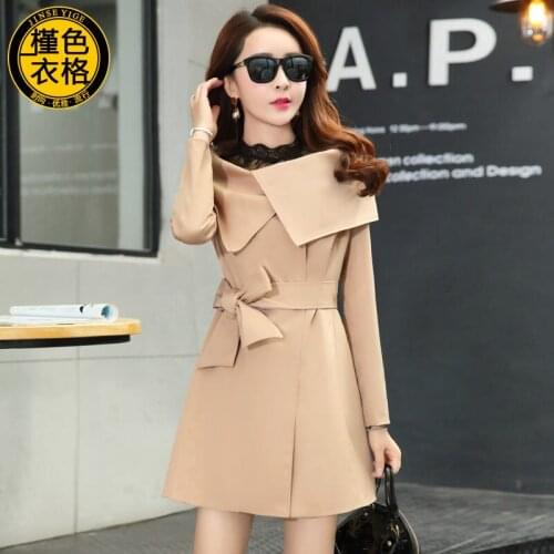 Windbreaker Womens Long Section 2020 Spring New Korean Slim Fashion Personality Large Coat Bandage Elegant Lady Outerwear K36