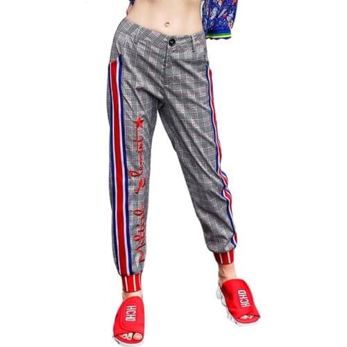 2018 Spring Autumn Women Gray Casual Loose Long Pants Ladies Fashion Vintage Embroidery Lattice Button Fly Harem Pants Z340