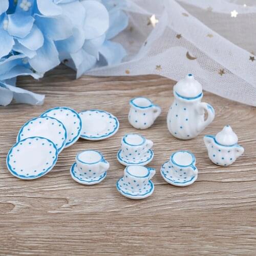 15Pcs 1/12 Dollhouse Miniature Blue Flower Patten Porcelain Coffee Tea Cups Ceramic Tableware Dollhouse Kitchen Accessories Hot
