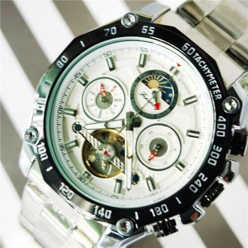 Forsining Sport Men Automatic Mechanical Watch White Tourbillon Self-Wind Date Moonphase Steel Band Male Clock Relogio Masculino