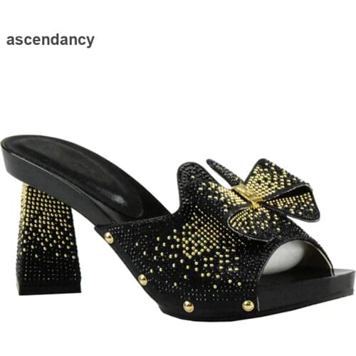 Black Color African Slippers Summer High Heels High Quality African High Heels Pumps African Women Wedding Shoe Women Party Shoe